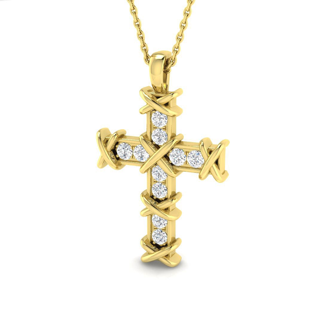 SP5936_PTYG_1_YG_0 0.30ct Round Diamond Barbed Wire Cross Pendant in Gold & Platinum - Image 2