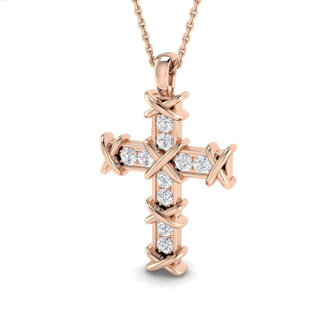 SP5936_PT_YG_1_RG_0 0.30ct Round Diamond Barbed Wire Cross Pendant in Gold & Platinum - Image 3