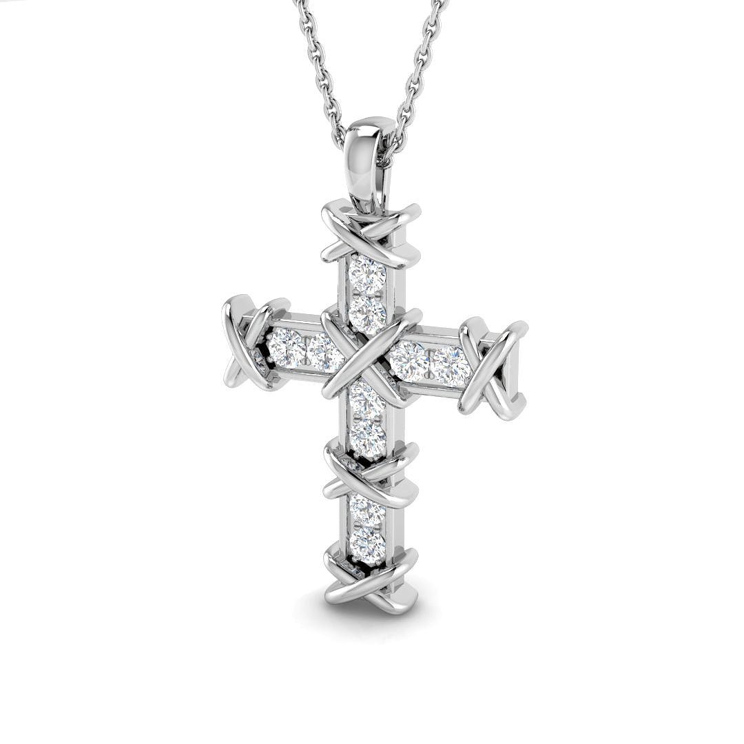 SP5936_PT_YG_1_WG_0 0.30ct Round Diamond Barbed Wire Cross Pendant in Gold & Platinum - Image 1