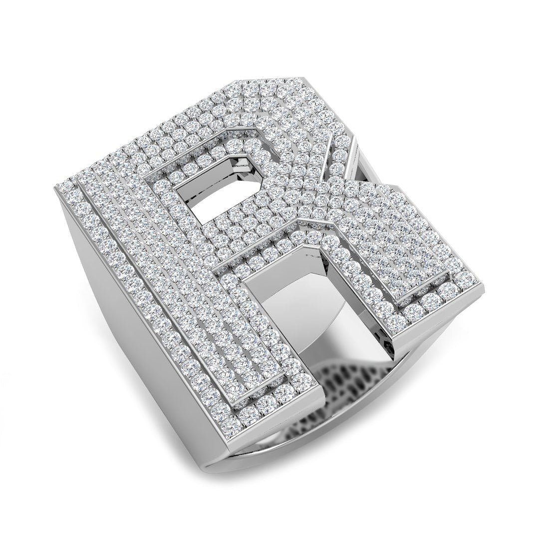 SR3392-RWG0 1.40 Carat Round Diamond Block Letter R Cluster Pav? Statement Initial Ring - Image 1